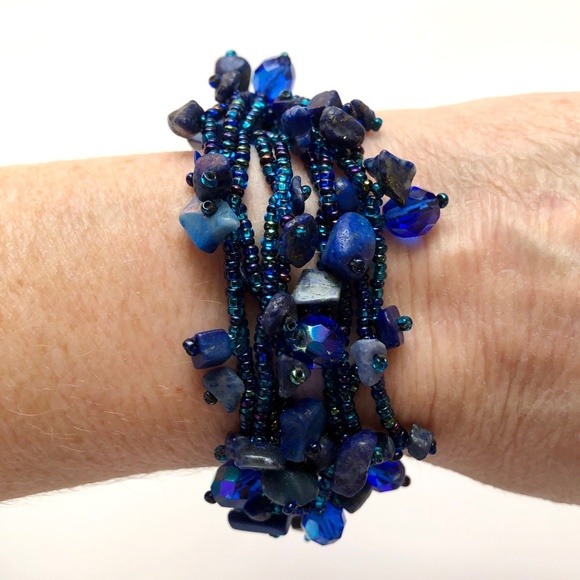 HANDMADE Lapis Lazuli Pebble Seed Crystal Bead Beaded Bracelet Peacock Blue NEW! - Picture 10 of 12